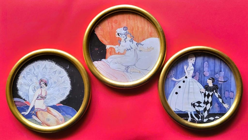 ✔️Art Déco Peinture sur soie 3 tableaux, Envoi