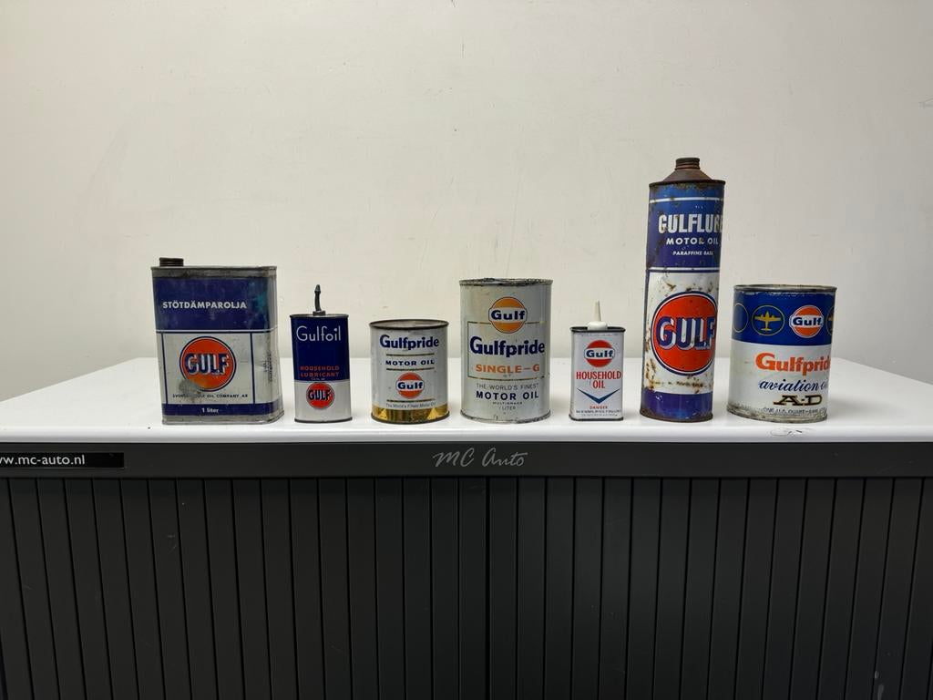 Gulf oude garage olie blikken te koop, Verzamelen, Ophalen of Verzenden, Gebruikt, Reclamebord