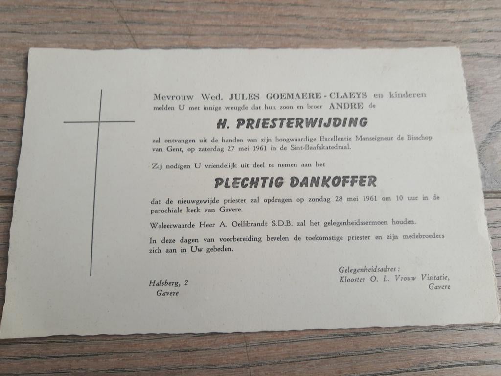 Uitnodiging priesterwijding, 1961, Goemaere André, Gavere, Verzamelen, Ophalen of Verzenden