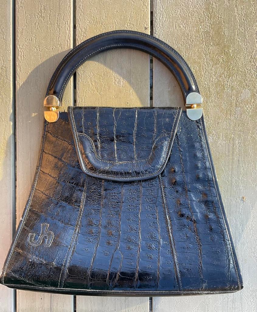 Sac à main vintage cuir embossé, années 50/60, initiale JS, Enlèvement ou Envoi, Utilisé