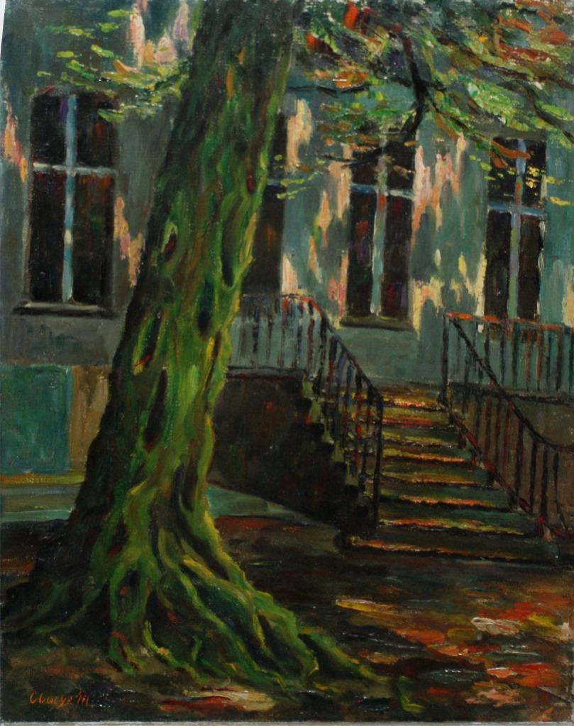 M. Claeys: Zonlicht door de bomen (O/D, 54 x 44 cm), Envoi