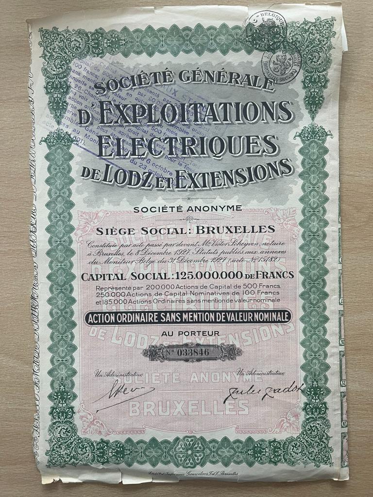 Titre:Société Générale d'Exploitations Electriques de Lodz, Timbres & Monnaies, Actions & Titres, Enlèvement, 1920 à 1950, Action