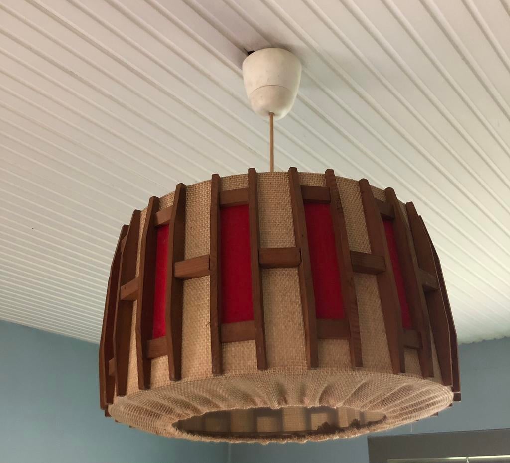 Lustre vintage en teck et jute, Maison & Meubles, Enlèvement ou Envoi, Utilisé