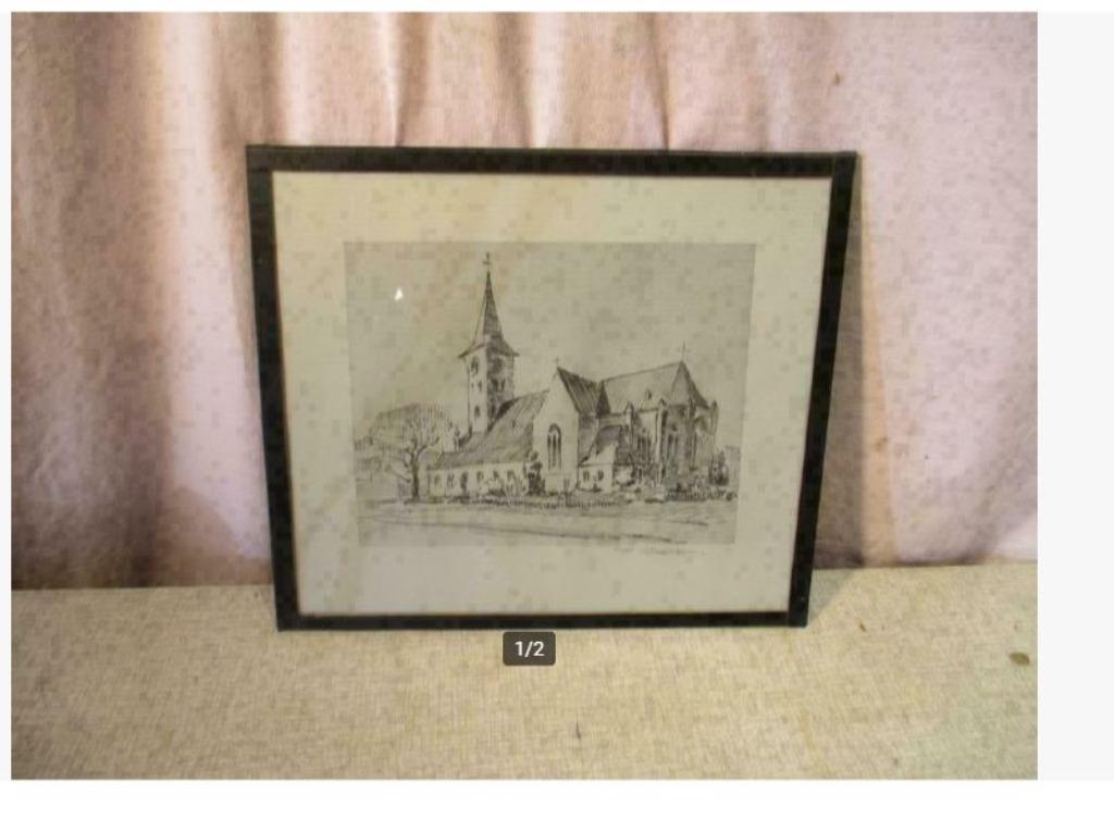 Mooi Oude Steendruk 'Kerk' en Abdij - gesigneerd, Antiek en Kunst, Ophalen of Verzenden