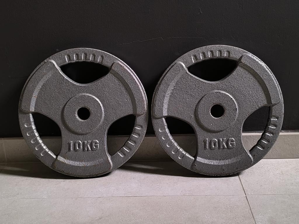2 x 10kg plaques de musculation (30mm)., Enlèvement, Utilisé, Bras, Plaques d'haltères
