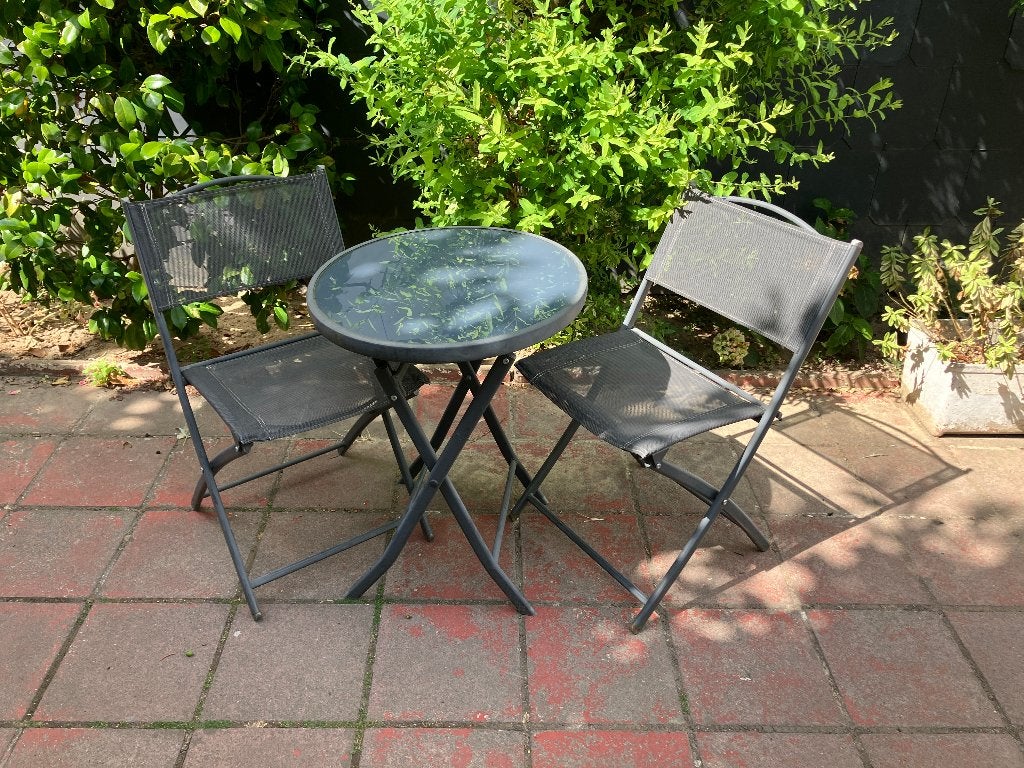 Bistroset opvouwbare ronde tafel met 2 stoelen, tuin balkon, Overige materialen, Gebruikt, Loungeset, Ophalen