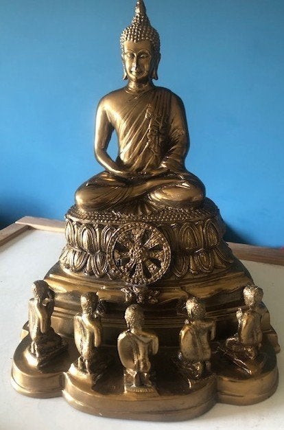 Bronzen gelegerd Buddha beeld 31 cm Thailand, Ophalen of Verzenden