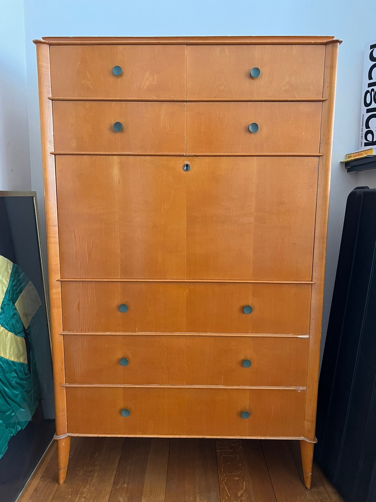 Secrétaire vintage en bois blond à abattant – années 40/50, Enlèvement, Comme neuf