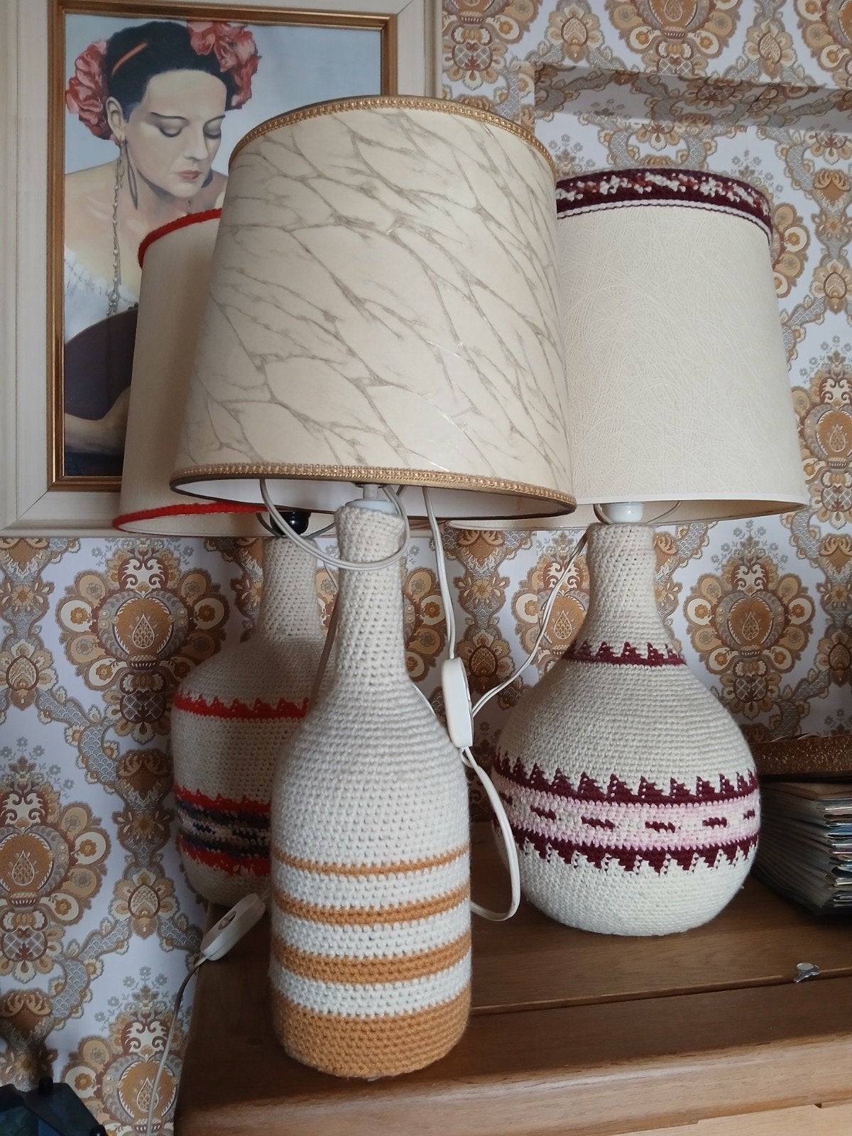 Lampe de chevet vintage pied bouteille en crochet fait main, Enlèvement ou Envoi