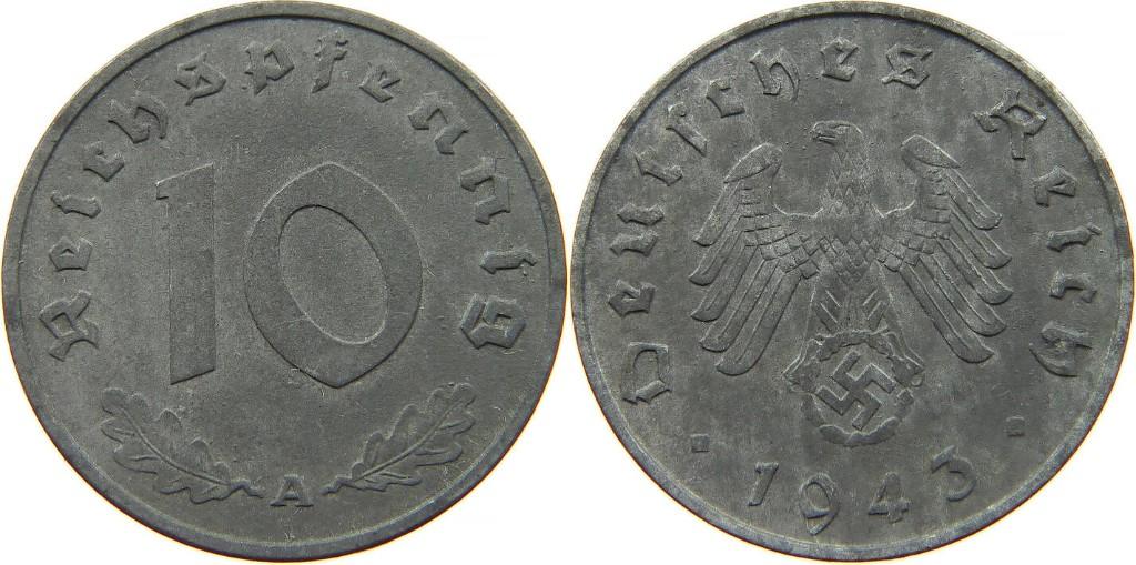 10 Reichspfennig, Derde Rijk 1943 A: Berlijn, Postzegels en Munten, Munten | Europa | Niet-Euromunten, Losse munt, Duitsland, Ophalen of Verzenden
