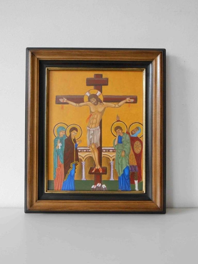 Schilderij – Icoon – Kruisiging, Antiek en Kunst, Kunst | Schilderijen | Klassiek, Verzenden