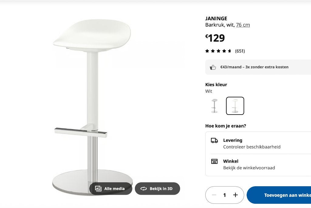 Barkruk, JANINGE, wit, 76 cm, Enlèvement, Comme neuf, Plastique