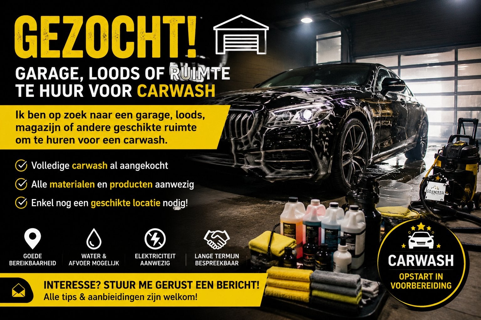 GEZOCHT! Garage, loods of ruimte te huur voor Carwash, Immo, Maisons à louer