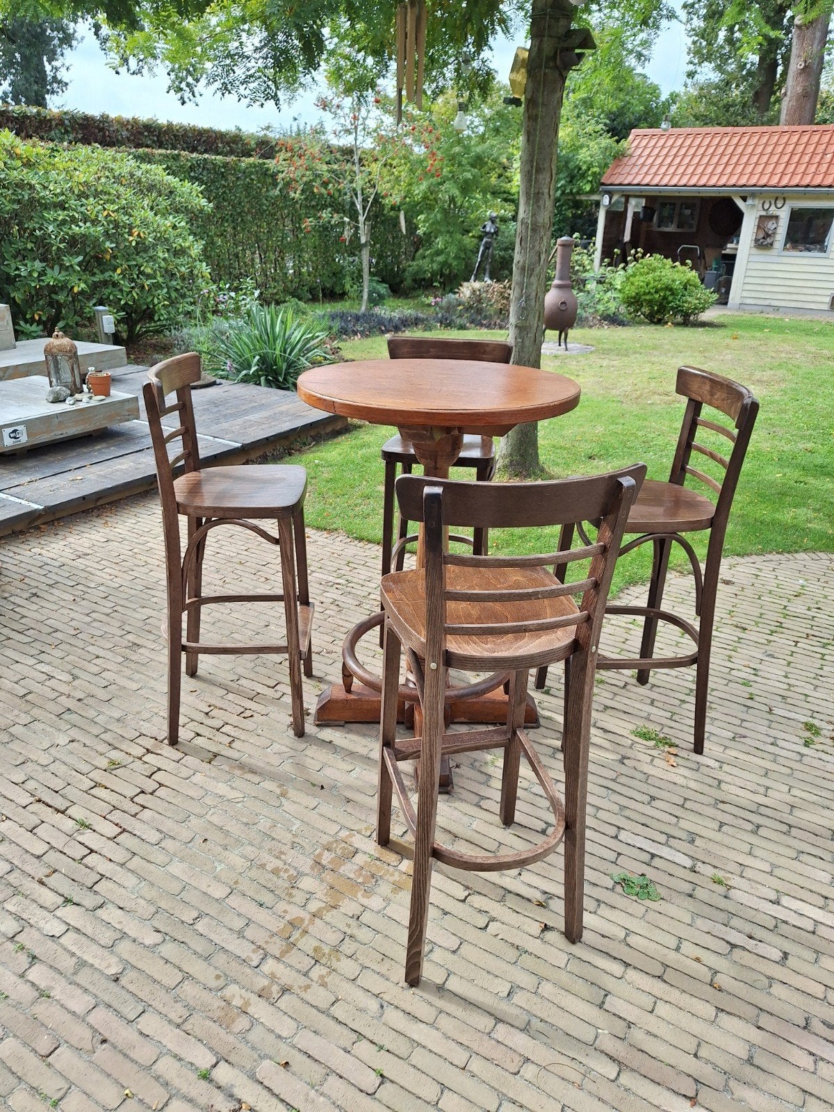 vintage cafétafel met 4 barkrukken, Antiek en Kunst, Ophalen
