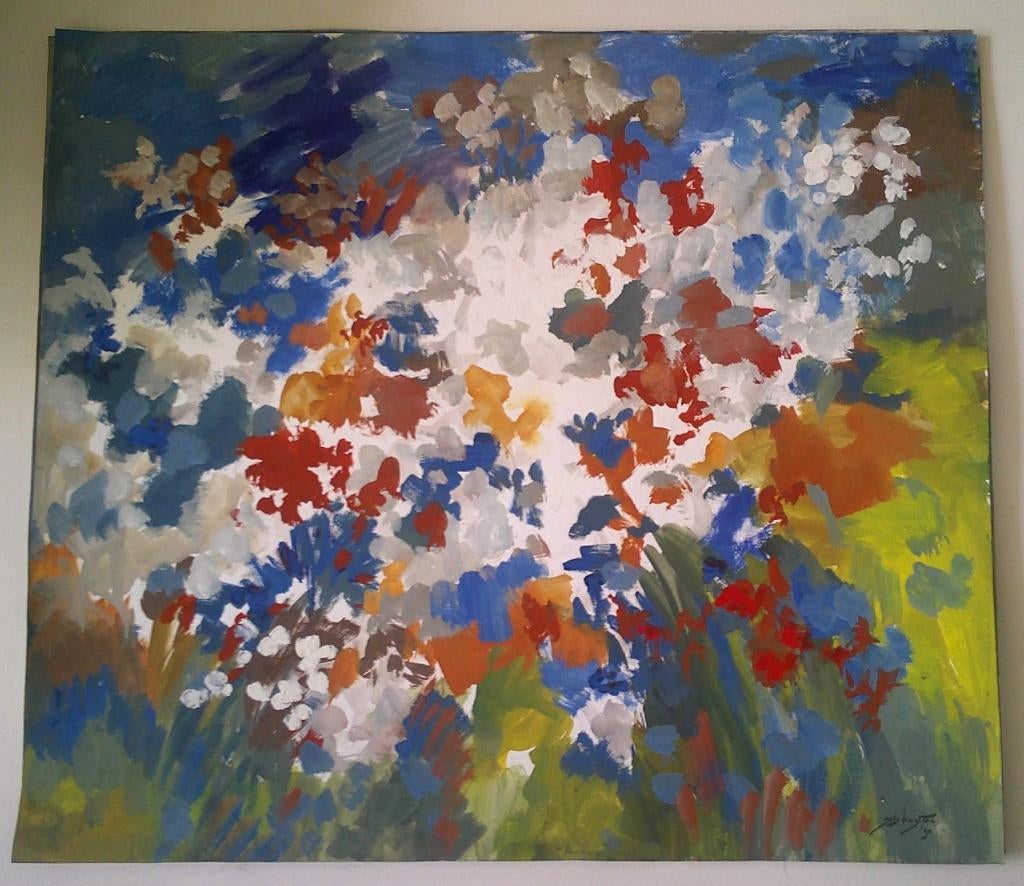 Bloemenweelde in abstract '90 - Jelle Hoogstra 1924-2003, Antiek en Kunst, Kunst | Schilderijen | Klassiek, Ophalen of Verzenden