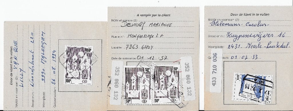 Belgie 3 spoorwegzegels op kaartjes, Postzegels en Munten, Ophalen of Verzenden, Gestempeld