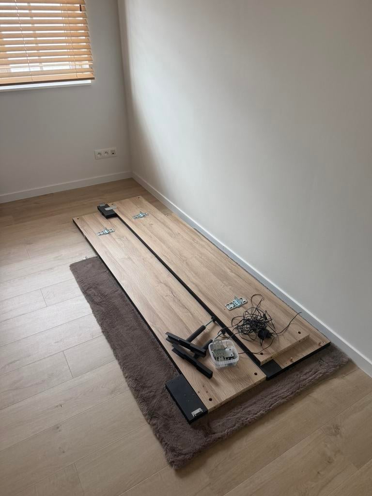 Eiken bed + nachtkastje, Huis en Inrichting, Slaapkamer | Bedden, Ophalen, Gebruikt, Bruin, Twijfelaar