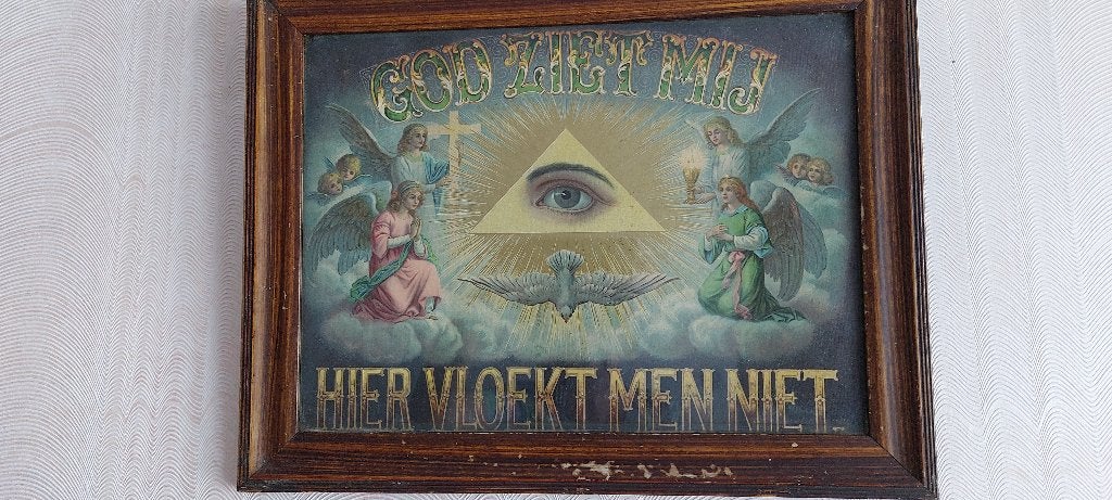 Vintage kader "God ziet mij, hier vloekt men niet", Antiek en Kunst, Ophalen of Verzenden