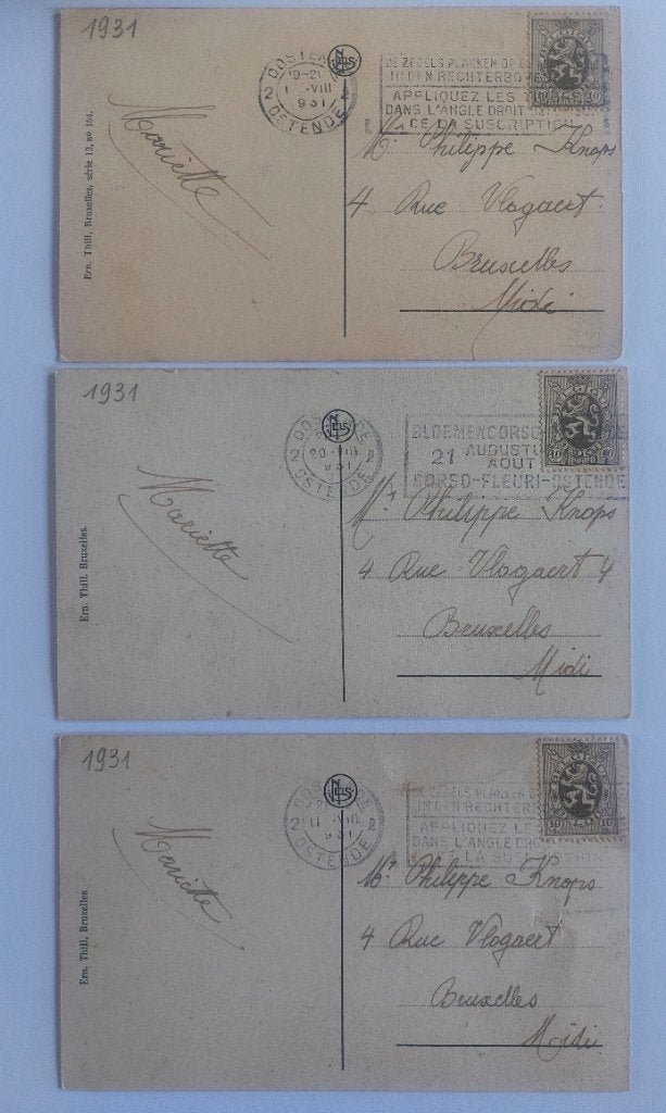 Lot 1931 3 postkaarten Oostende, Enlèvement ou Envoi, 1920 à 1940, Affranchie, Flandre Orientale