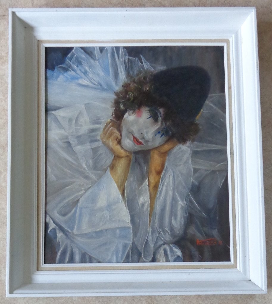 AN VYDT / PIERROT / OLIEVERF DOEK / 75x65cm / KADER / SIG, Antiquités & Art, Peinture à l'huile, Signé, Autres matériaux, Enlèvement