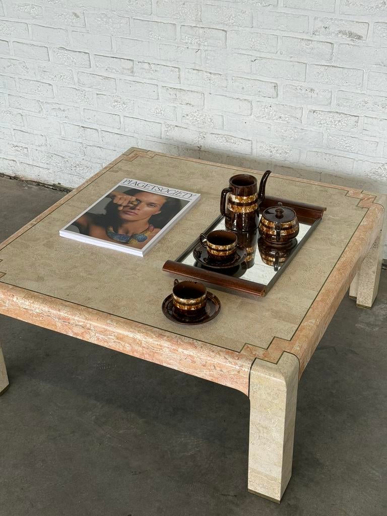 Table basse vintage marbre & travertin 100x100 – années 70, Moins de 50 cm, 50 à 100 cm, Carré, Enlèvement