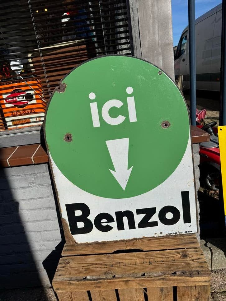Vintage Emaille Bord "Ici Benzol" - Garage Reclame