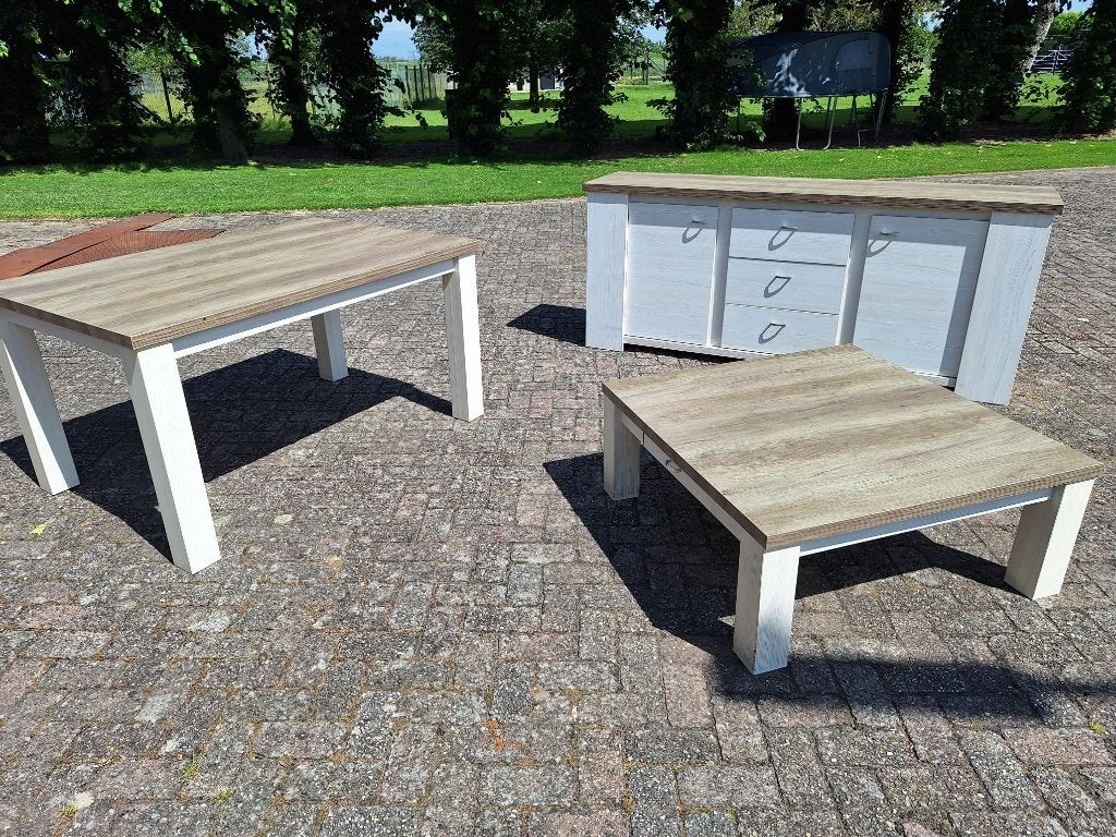 Set eiken print folie in bruin/grijs met wit /tafel dressoir, Huis en Inrichting, Kasten | Dressoirs, Gebruikt, Met deur(en), Ophalen of Verzenden