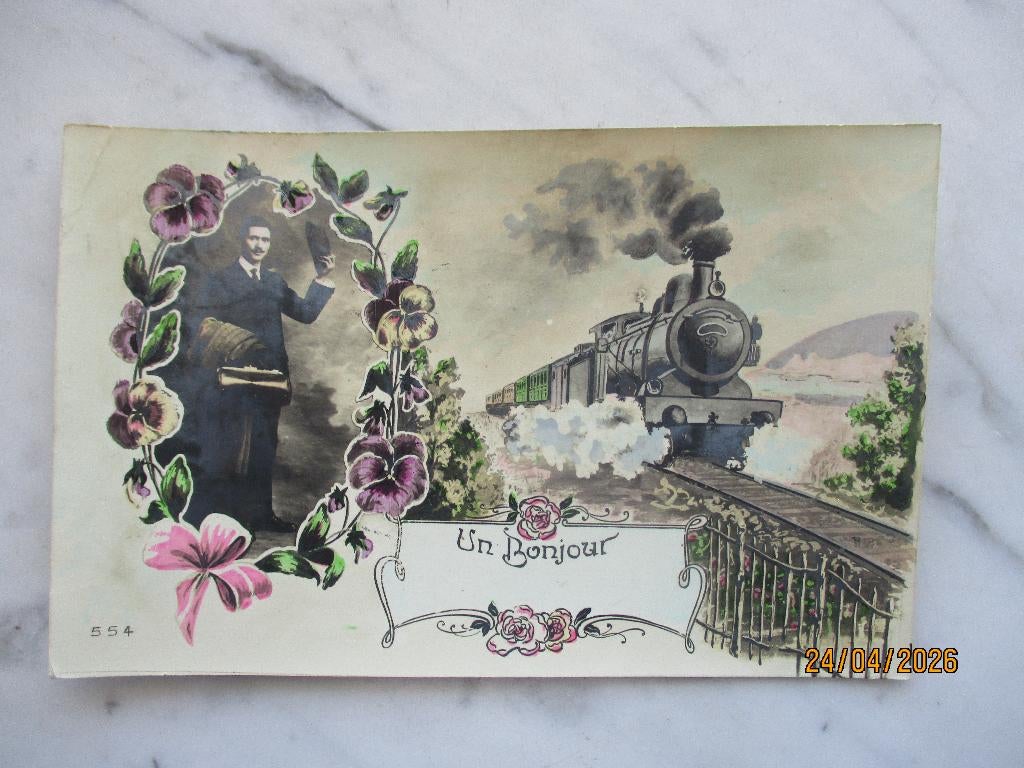 goedendag stoomtrein man met bagage bloemen 1912, Verzenden, Voor 1920, Gelopen, Voertuig