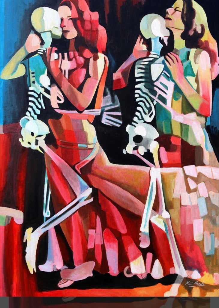 Schilderij danse macabere, Antiquités & Art, Art | Peinture | Classique, Portrait ou Personnes, Peinture acrylique, Surréalisme