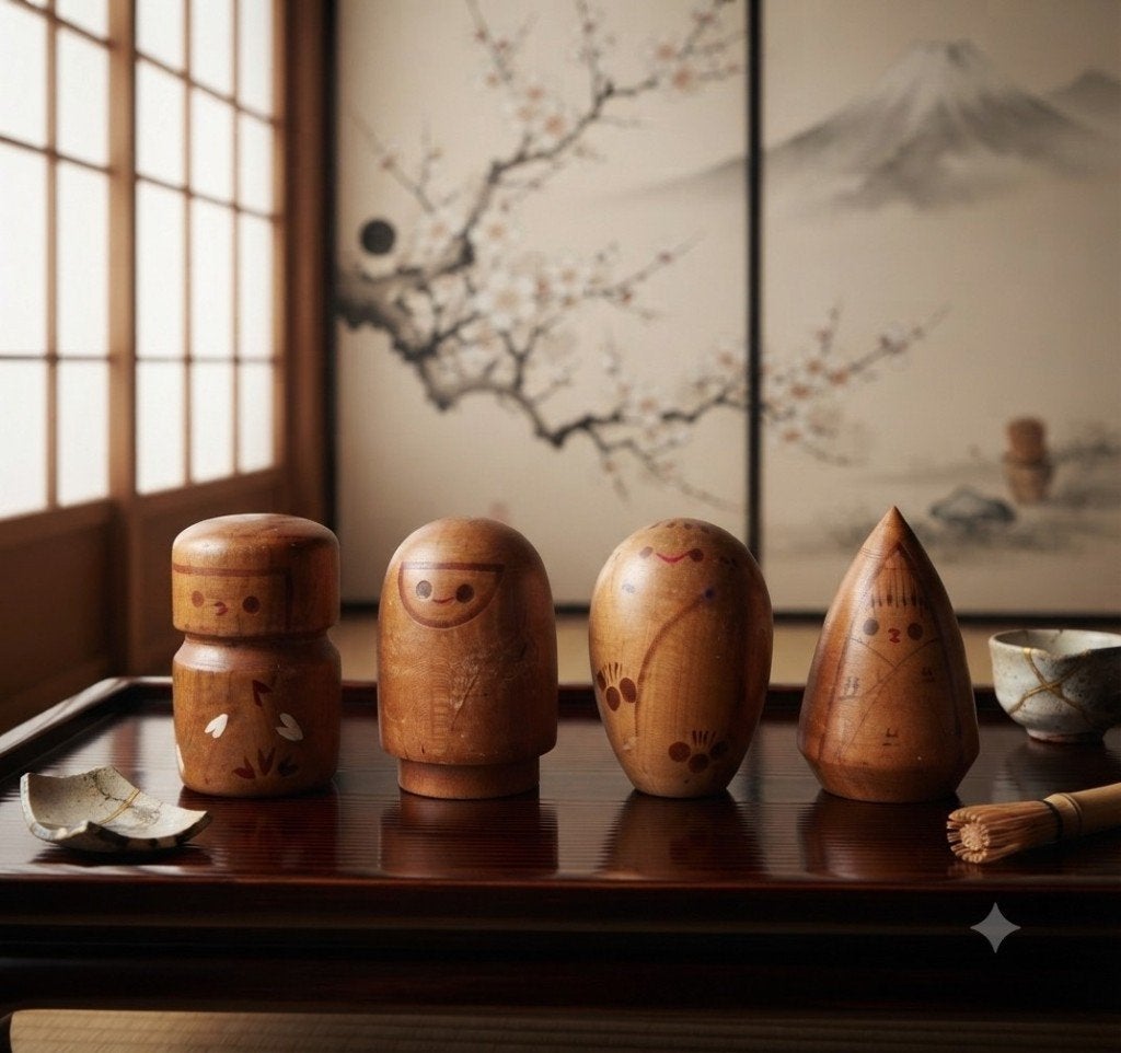 Ensemble complet de Kokeshis de Ryoichi Funayama, Antiquités & Art, Art | Art non-occidental, Japon, Bois, 4 cm, Poupée