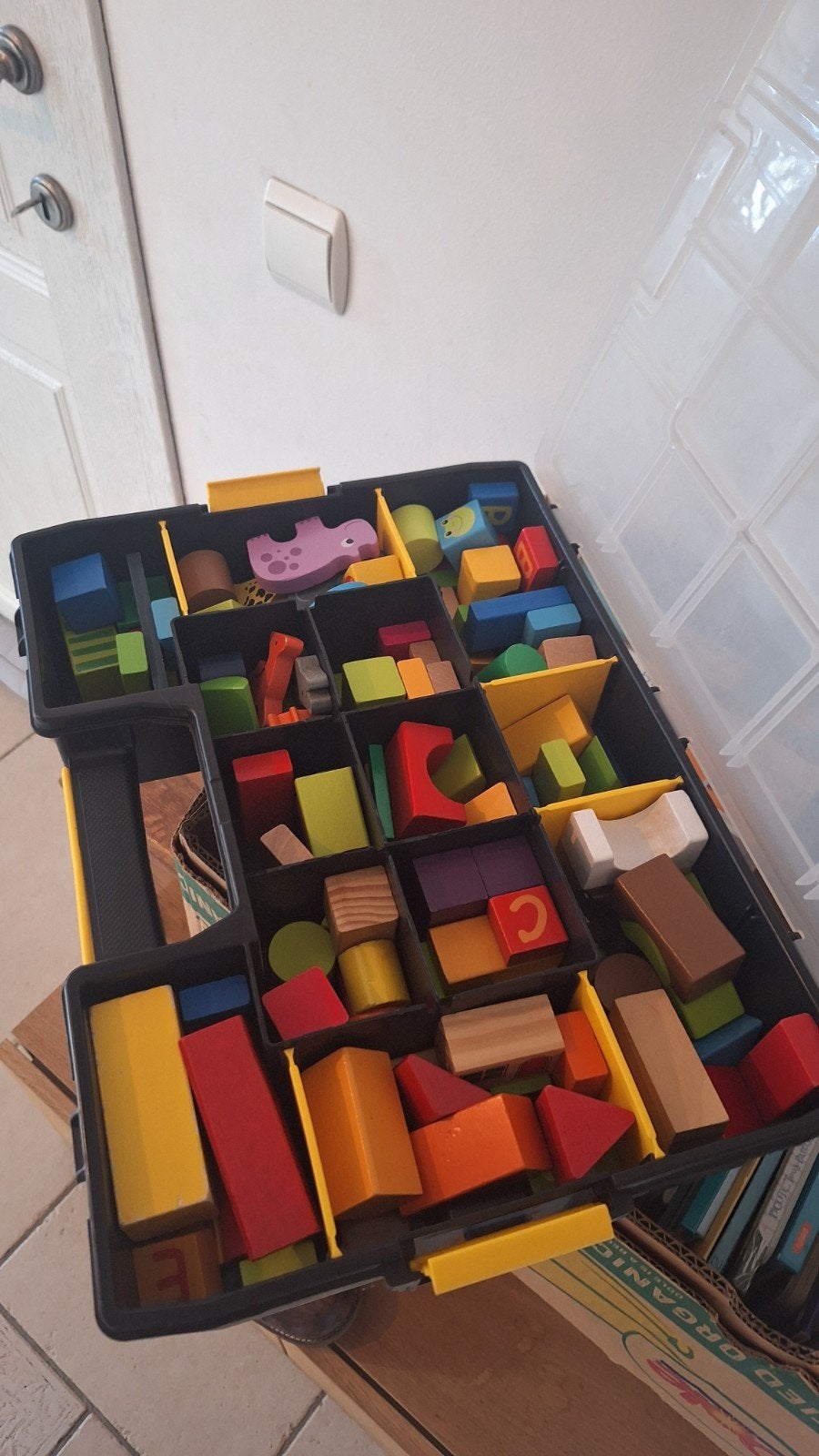 Lot de blocs de construction en bois colorés + mallette de r, Enlèvement, Utilisé