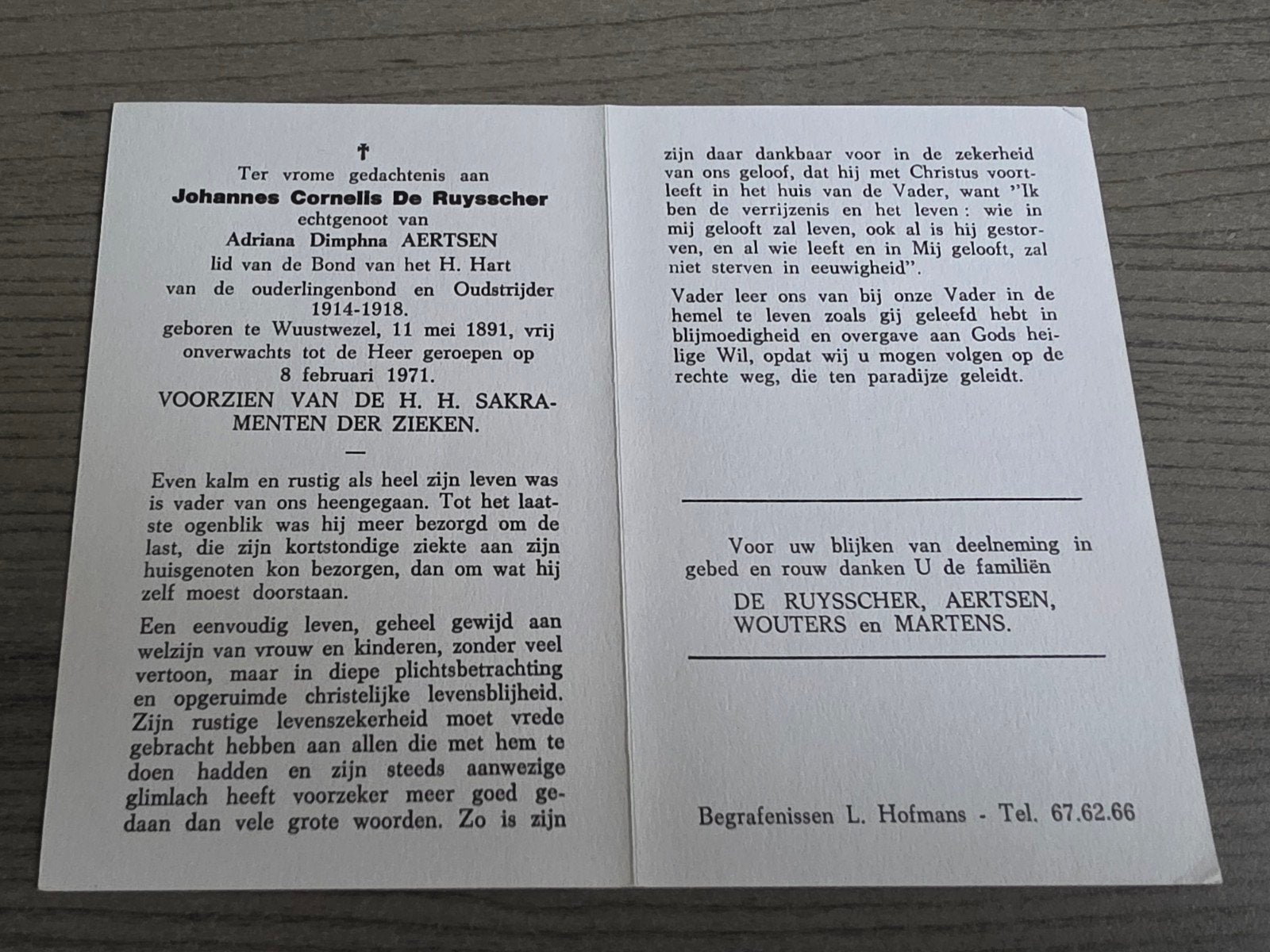 De Ruysscher Aertsen Oudstrijder 1914-1918 Wuustwezel, Verzamelen, Ophalen of Verzenden