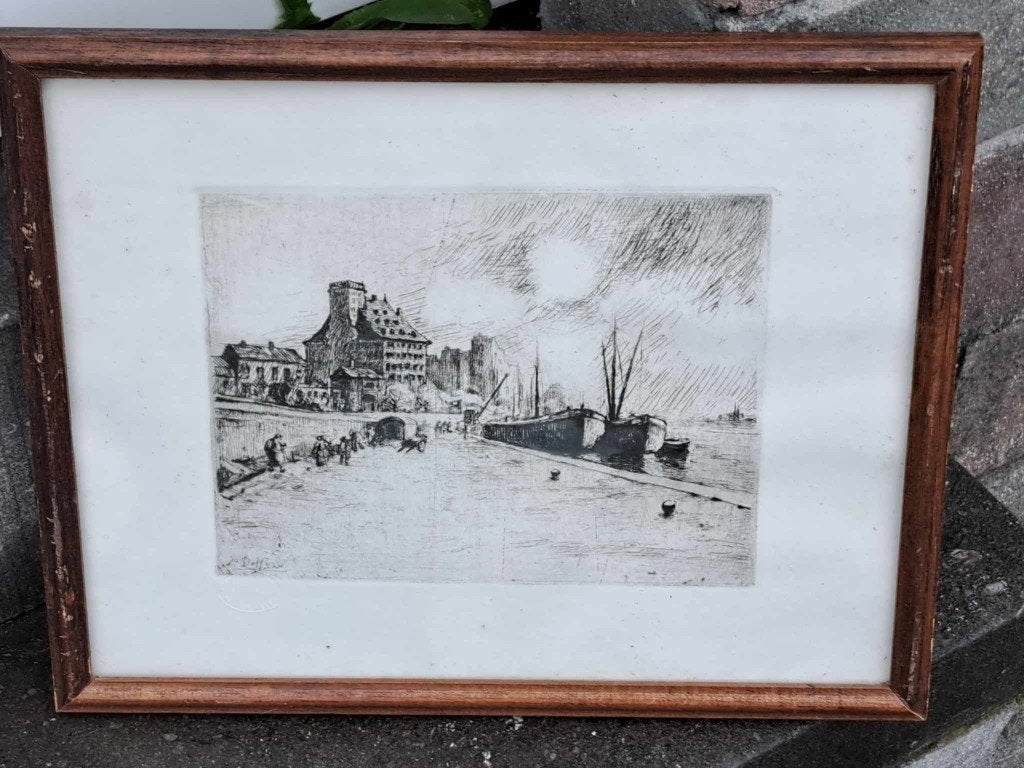 gravure peniche a quai signe jos delfosse, Enlèvement ou Envoi, Gravure