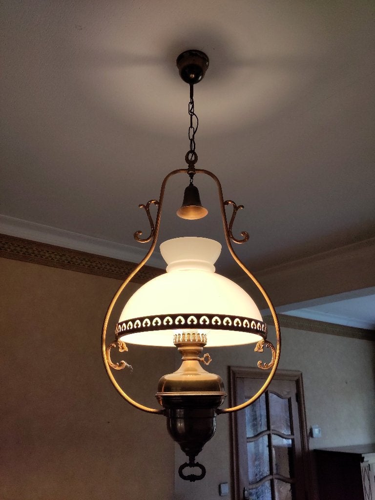 Sierlijke antieke hanglamp / luster, ontbrekende glazen kap, Antiquités & Art, Enlèvement