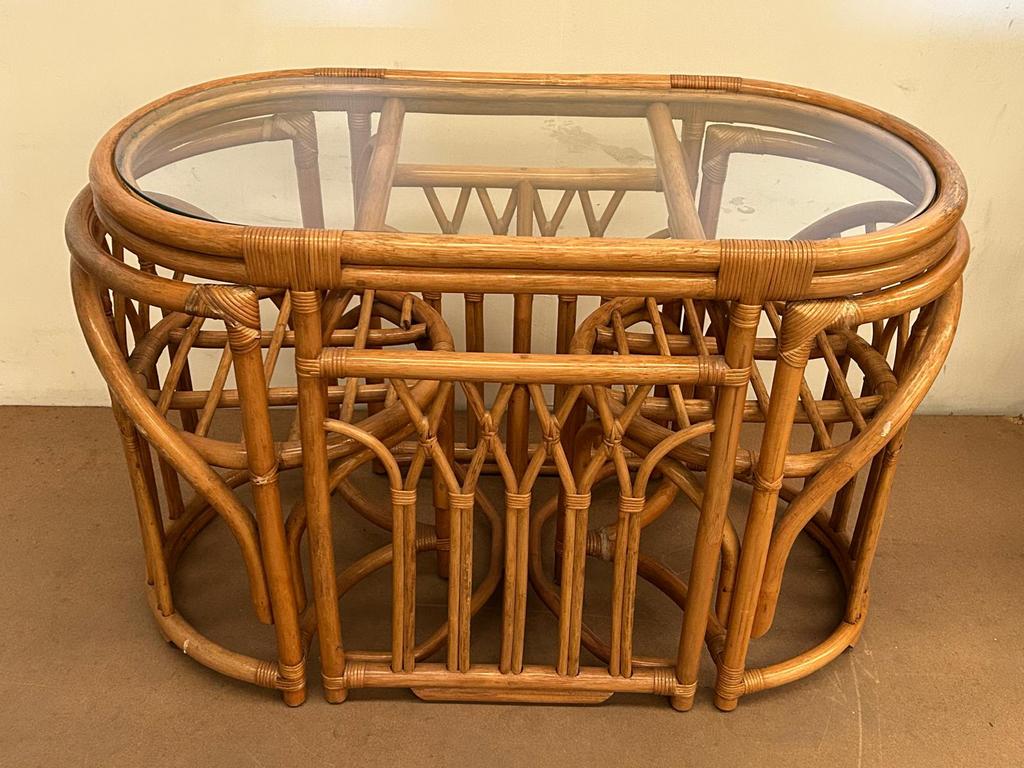 Retro bamboe tafel met 2 rotan stoelen – boho stijl, Ophalen, Gebruikt