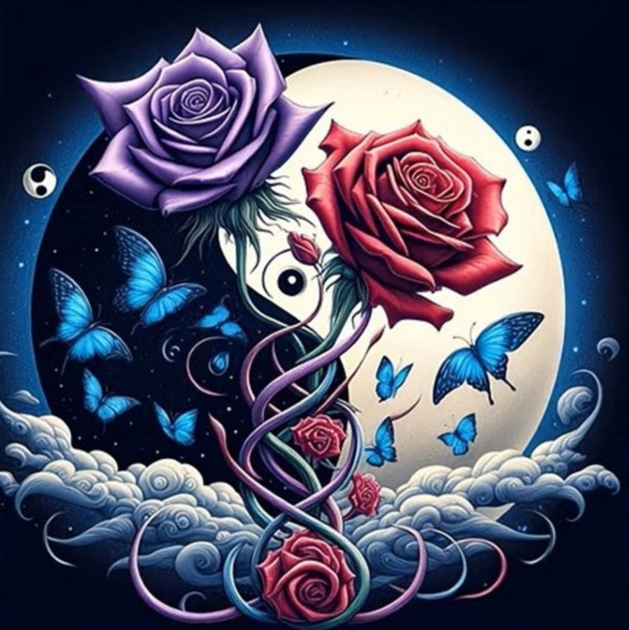40x40cm Diamond Painting Yin Yang rozen vlinders nr 580, Nieuw, Meerkleurig, Educatief, Diamond painting