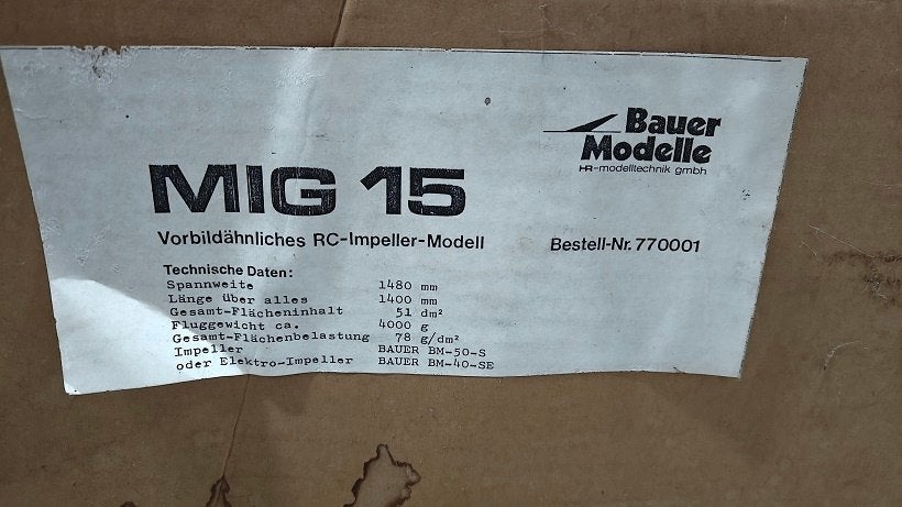 Bouwdoos Bauer modelle Mig15 spanwijdte 1,48m, Ophalen, Zo goed als nieuw, Elektro