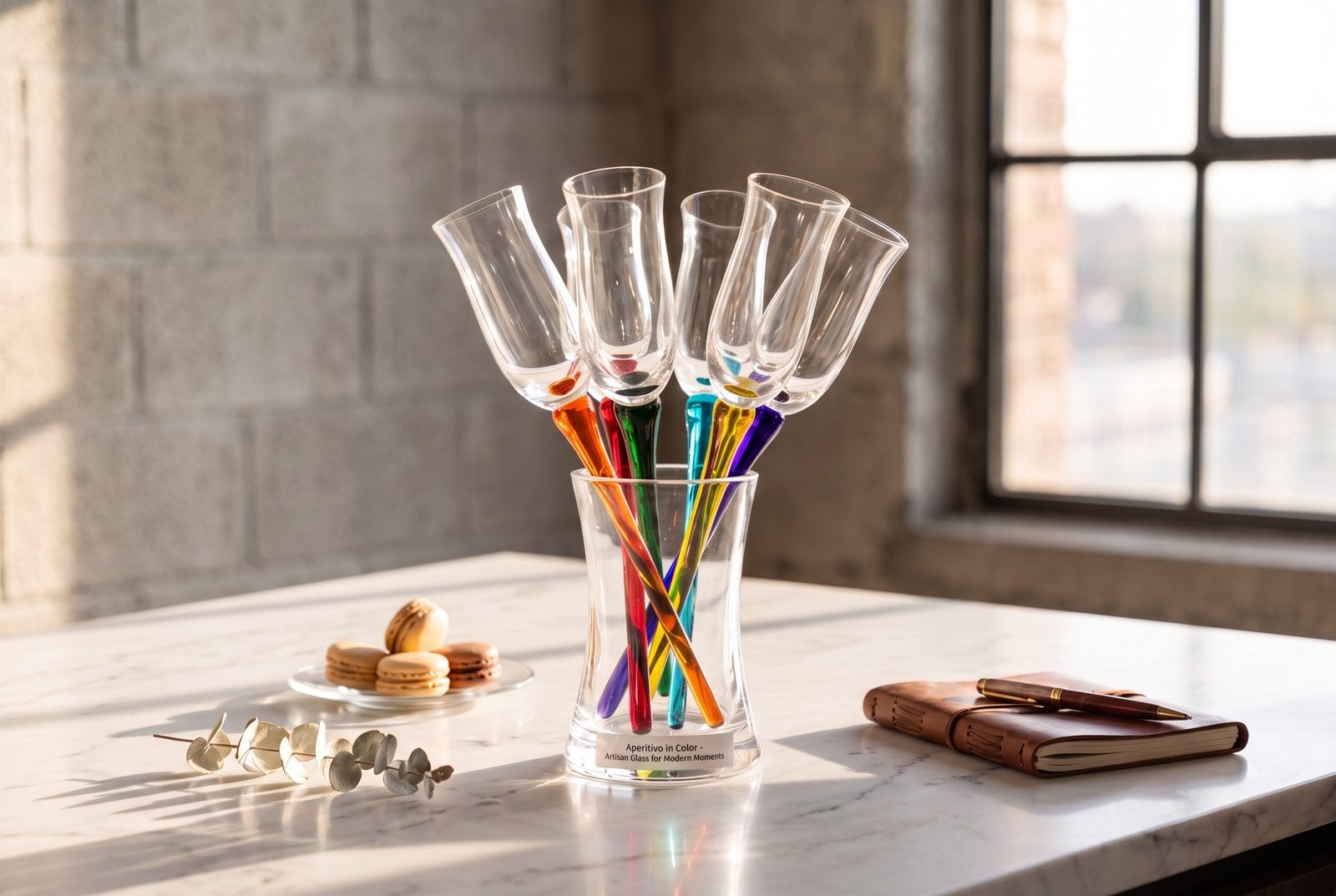 Set van 6 vintage gekleurde champagne glazen met vaas, Antiek en Kunst, Ophalen