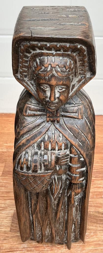 Antiek Brugs Houtsnijwerk – Vrouw met Kaper en Mand (Eiken), Ophalen of Verzenden, Hout, Beeld, Vrouw