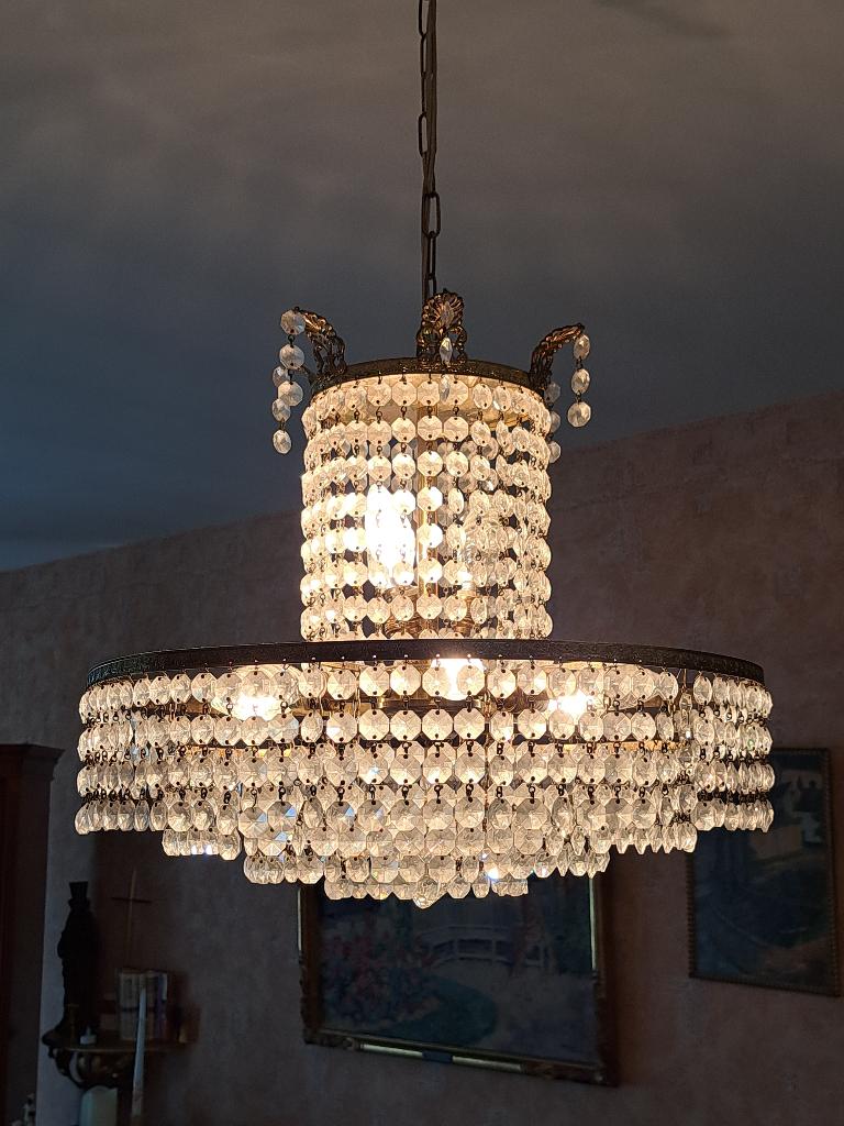 luster in kristal 85 h x 50 cm doorsnede, Huis en Inrichting, Lampen | Kroonluchters, Ophalen, Zo goed als nieuw, Glas, Kristal