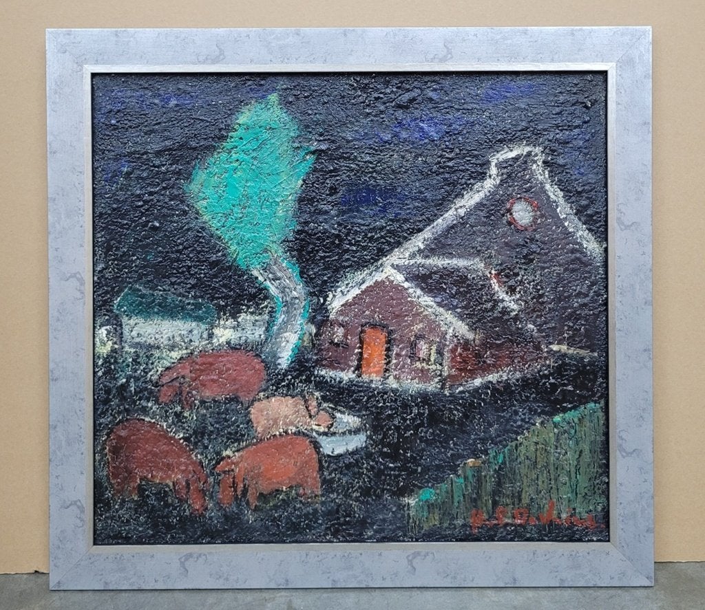 Hubert DE VRIES, varkens bij de hoeve, Enlèvement ou Envoi, Expressionniste, Toile, Signé