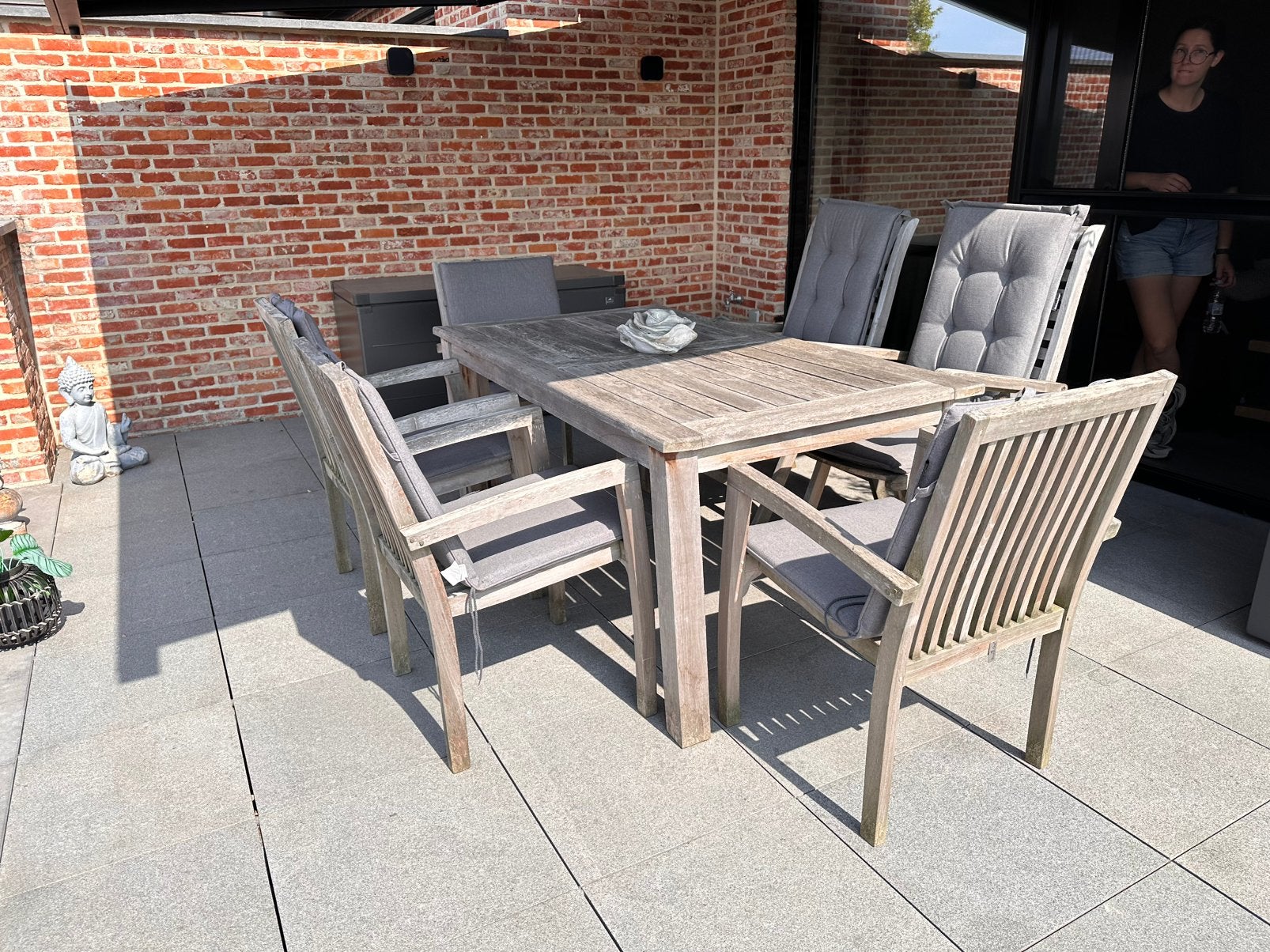 Houten tuinset tafel 6 stoelen, Ophalen, Zo goed als nieuw, Tuinset