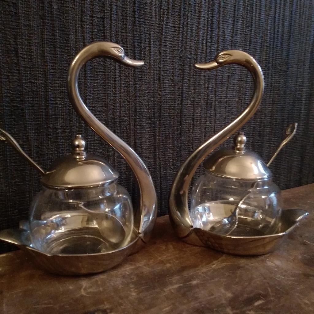 Vintage silver plated confituur/suiker potjes zwanen, Verzenden