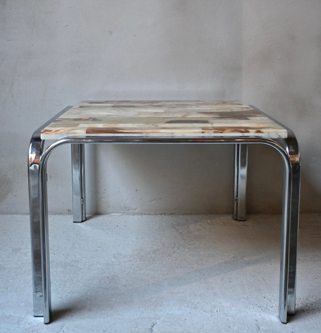 Vintage Jaren '70 Design Bijzettafel, onyx Mozaïek & Chroom, Ophalen, Gebruikt, Vintage