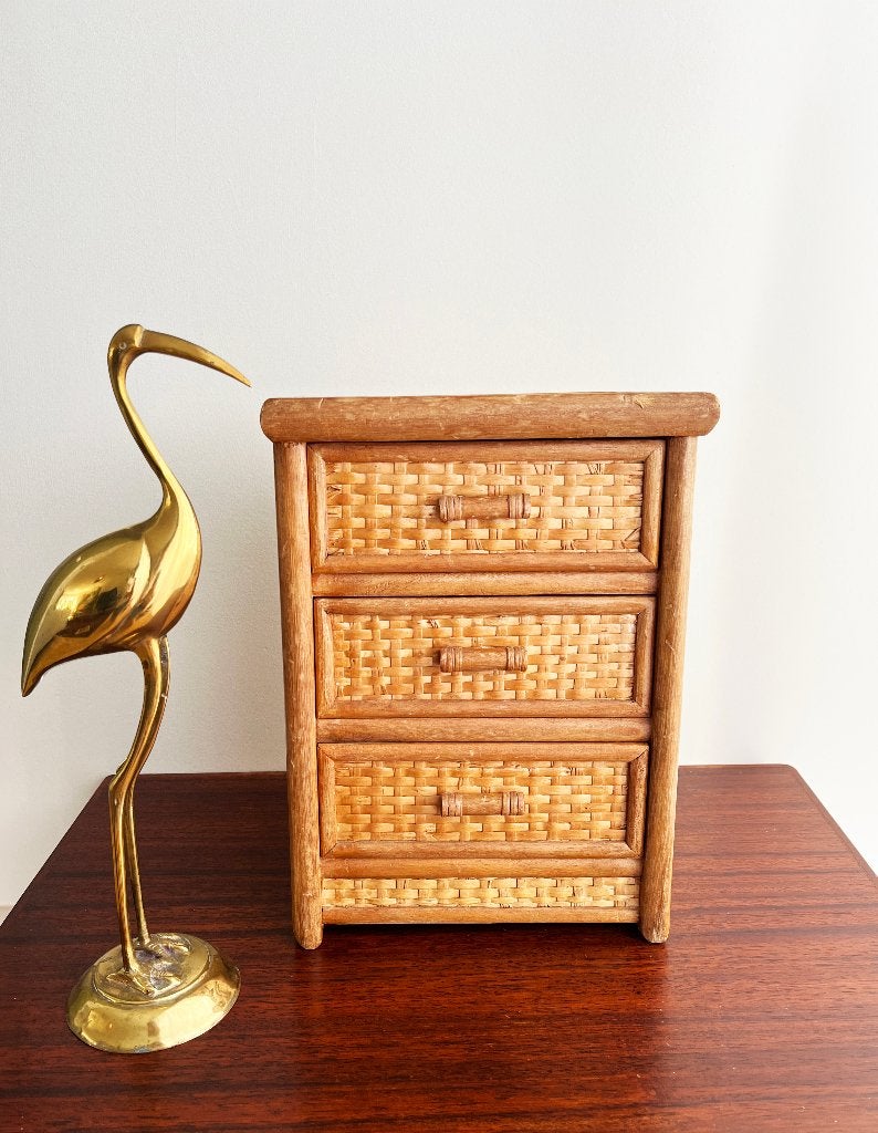 Vintage bohemien chic juwelenkastje in rotan en hout, Ophalen of Verzenden