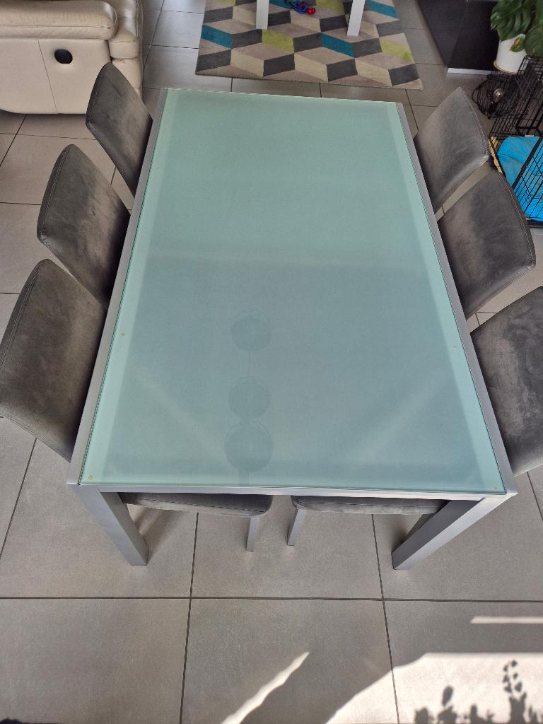uitrekbare eettafel met mat glazen blad en gratis 6 stoelen, 150 à 200 cm, Cinq personnes ou plus, Verre, Enlèvement