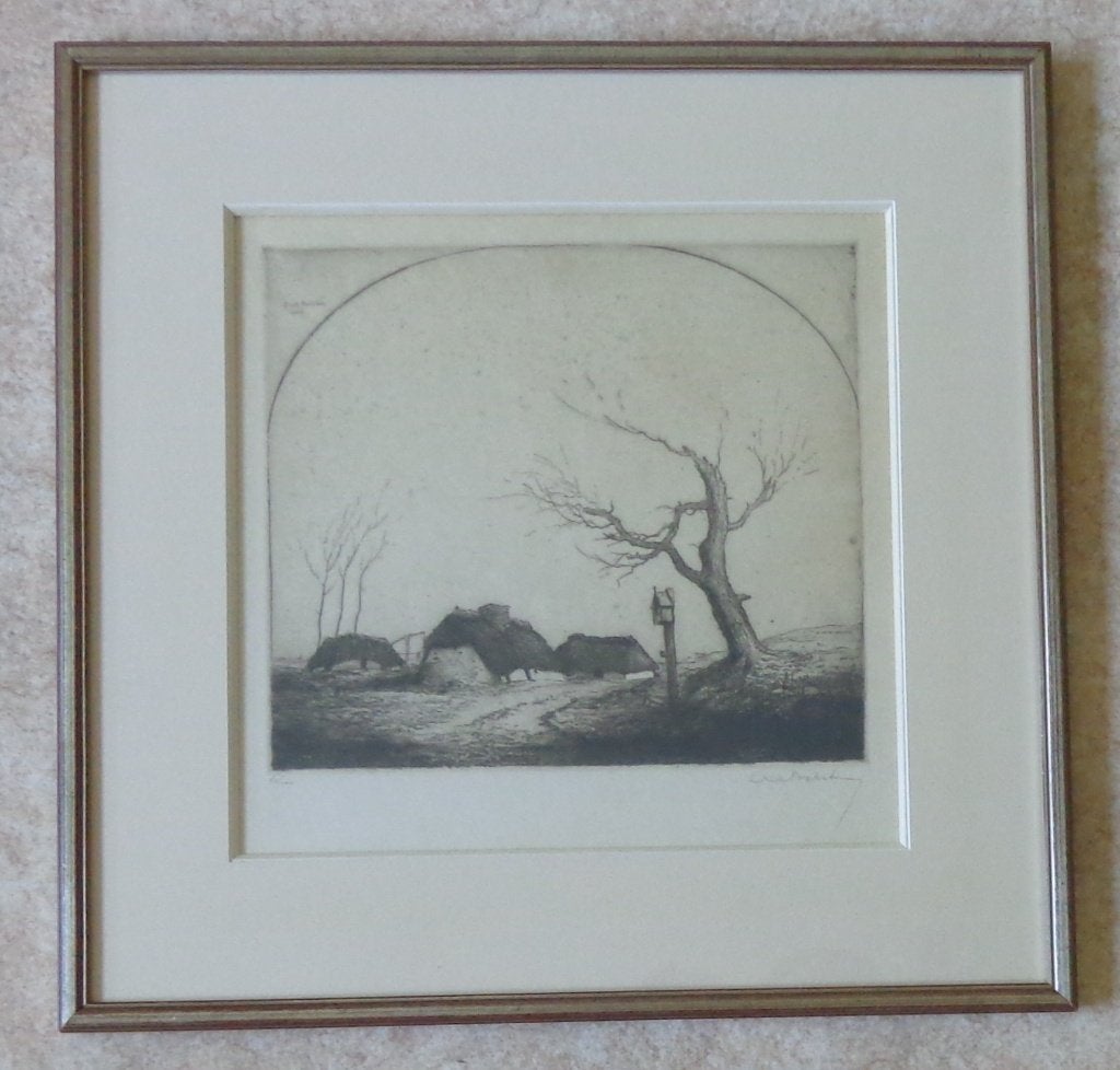 DIRK BAKSTEEN / KEMPISCHE HOEVES / ZW-W ETS / 45x46cm KADER, Ophalen of Verzenden, Ets, Gesigneerd
