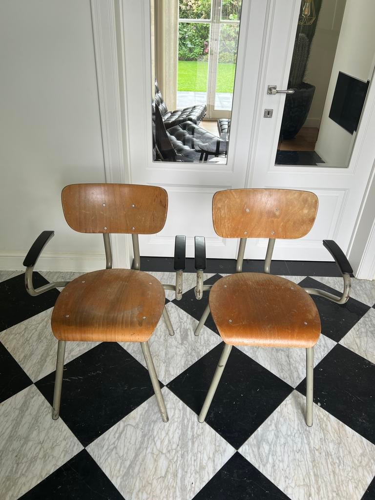 Unieke set vintage schoolstoelen, Huis en Inrichting, Stoelen, Ophalen, Gebruikt, Bruin, Vintage, jaren 60-70