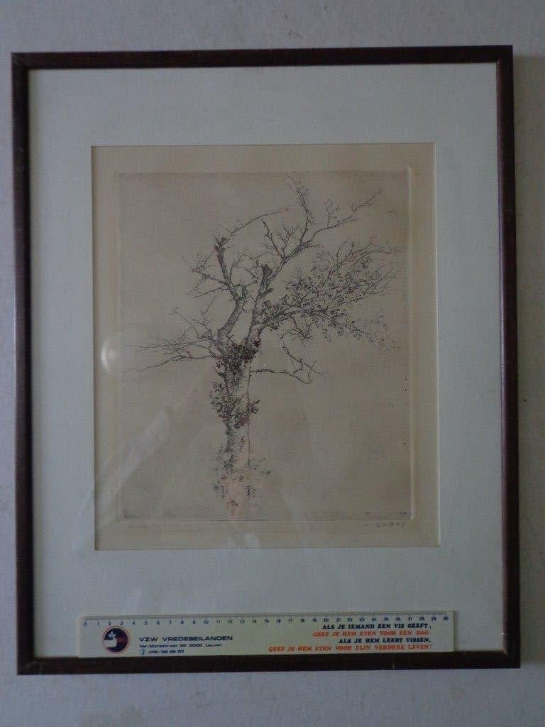 fraaie ets van Jaak Gorus "Oude kriekelaar", Antiek en Kunst, Kunst | Etsen en Gravures, Ophalen, Gesigneerd, Landschap, 1950 - 1999