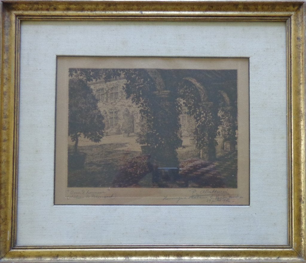 PIERRE ABATTUCCI / COUR RIXENSART / ZW-W ETS / 37x43cm KADER, Antiek en Kunst, Kunst | Litho's en Zeefdrukken, Gesigneerd, Ophalen of Verzenden